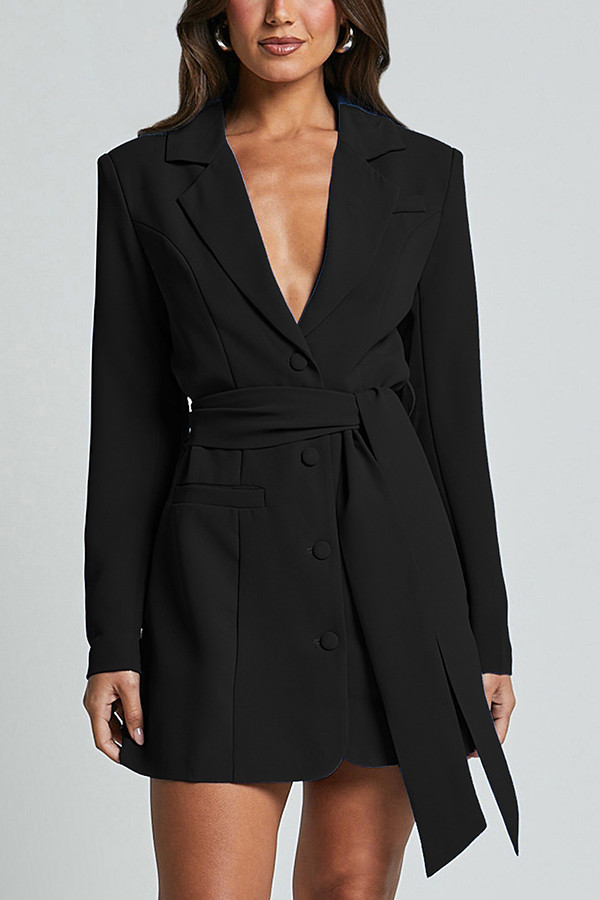 Solid Color Lace Panel Long Sleeve Button Elegant Blazer