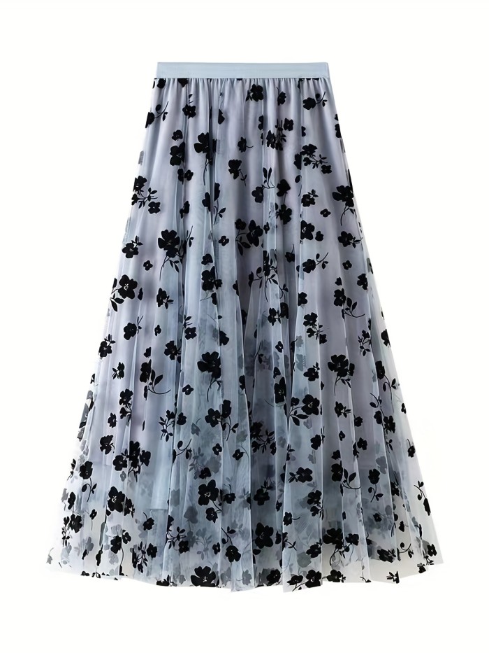 Elegant High Waist Maxi Plant Print Contrast Mesh Skirts, Women's Clothing