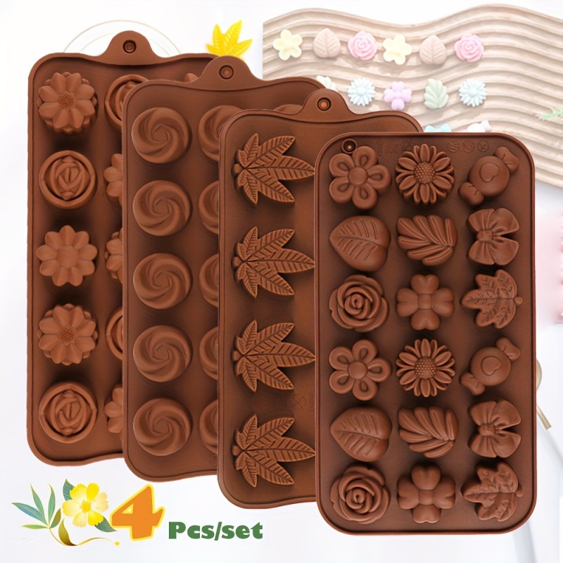 4-Piece Silicone Chocolate Molds Set, Non-Stick Flower & Leaf Shapes, BPA-Free Candy & Truffle Molds for DIY Crafts, Reusable Cake Decorating Kitchen Accessories for Christmas, Halloween, Easter, Hanukkah, Thanksgiving