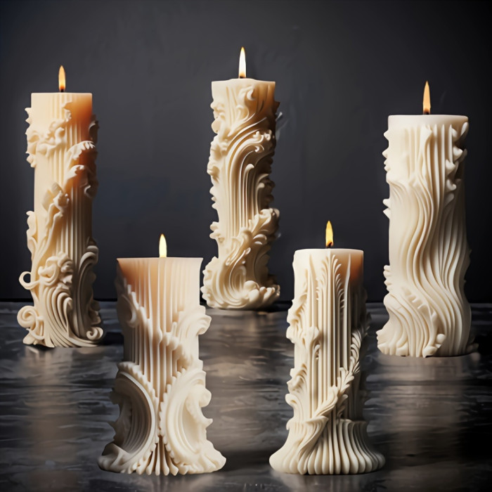 5PCS 3D Baroque Irregular Shaped Silicone Candle Molds Set for DIY Resin Wax Candle Making, Unique Homemade Craft Decor with European Cylinder Design