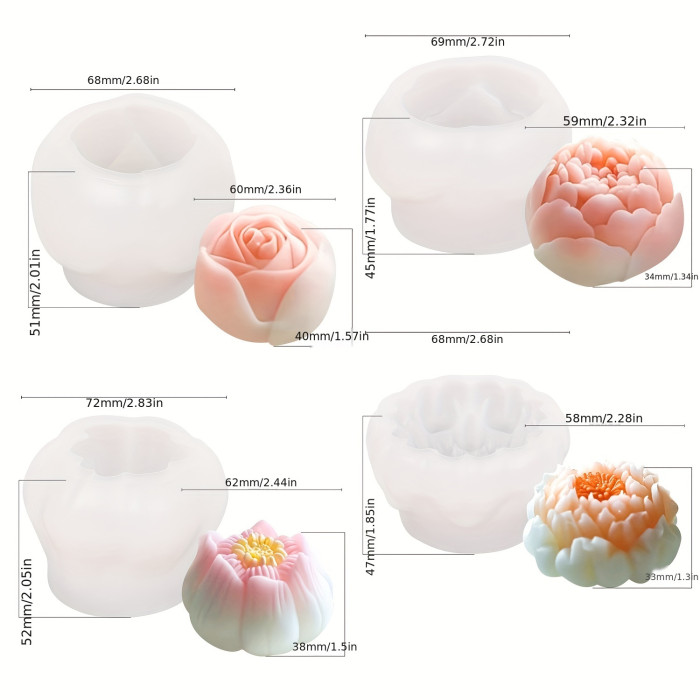 4pcs Rose & for Lotus Silicone Mold Set for DIY Desserts, 3D Flower Shapes for Cupcakes, Chocolates, Candies - Versatile Baking Tools for Home Kitchens