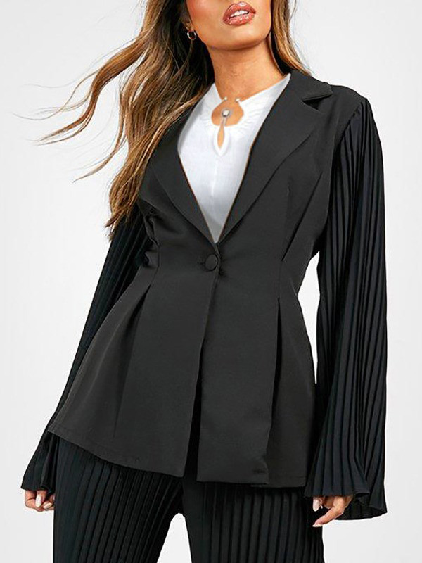 Long Sleeves Loose Buttoned Pleated Pockets Solid Color Notched Collar Blazer Outerwear