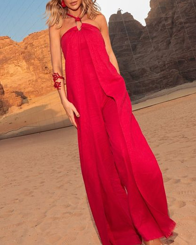 Fashion Solid Color Neck Jumpsuit