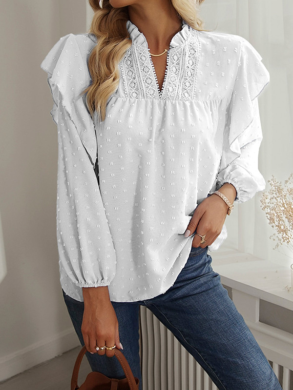 Long Sleeves Loose Elasticity Jacquard Ruffle Trim Solid Color Split-Joint V-Neck Blouses&Shirts Tops