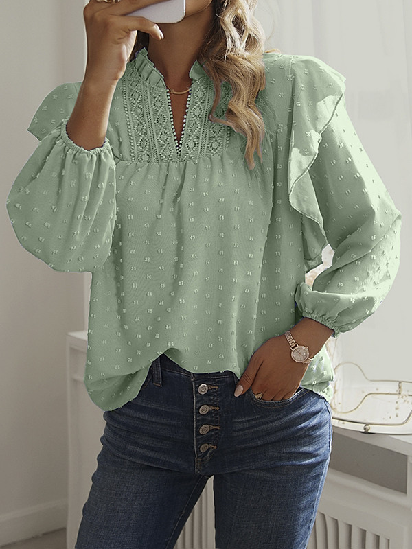 Long Sleeves Loose Elasticity Jacquard Ruffle Trim Solid Color Split-Joint V-Neck Blouses&Shirts Tops