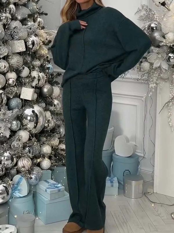 Autumn Winter Solid Color High-Neck Long-Sleeved Top & Trousers Two-Piece Set
