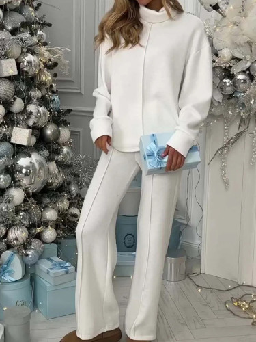 Autumn Winter Solid Color High-Neck Long-Sleeved Top & Trousers Two-Piece Set