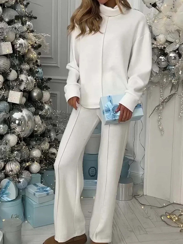 Autumn Winter Solid Color High-Neck Long-Sleeved Top & Trousers Two-Piece Set