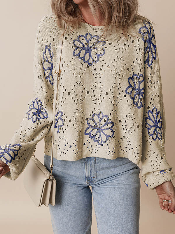 Long Sleeves Loose Flower Print Hollow Round-Neck Pullovers Sweater Tops