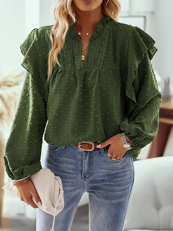 Long Sleeves Loose Elasticity Jacquard Ruffle Trim Solid Color Split-Joint V-Neck Blouses&Shirts Tops