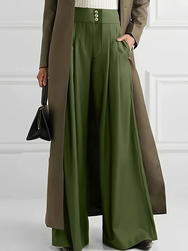 Loose Wide Leg Buttoned Pleated Solid Color Casual Pants Bottoms Trousers