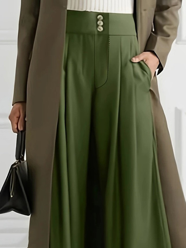 Loose Wide Leg Buttoned Pleated Solid Color Casual Pants Bottoms Trousers