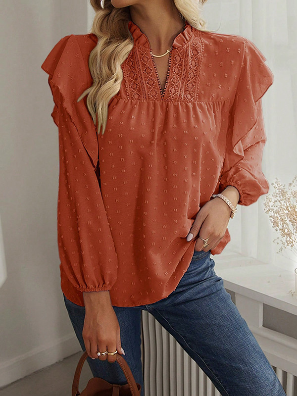 Long Sleeves Loose Elasticity Jacquard Ruffle Trim Solid Color Split-Joint V-Neck Blouses&Shirts Tops