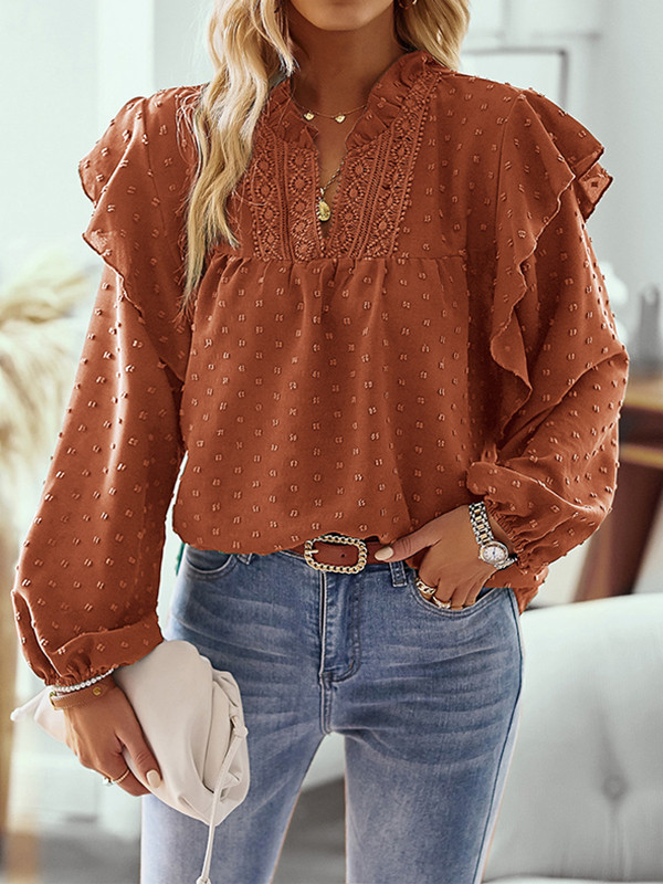 Long Sleeves Loose Elasticity Jacquard Ruffle Trim Solid Color Split-Joint V-Neck Blouses&Shirts Tops