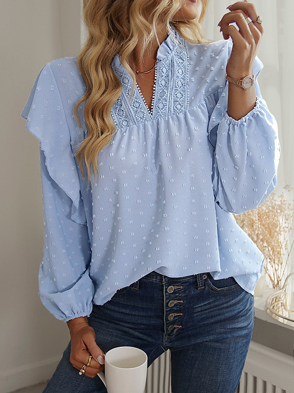 Long Sleeves Loose Elasticity Jacquard Ruffle Trim Solid Color Split-Joint V-Neck Blouses&Shirts Tops