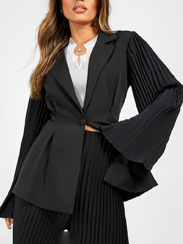 Long Sleeves Loose Buttoned Pleated Pockets Solid Color Notched Collar Blazer Outerwear