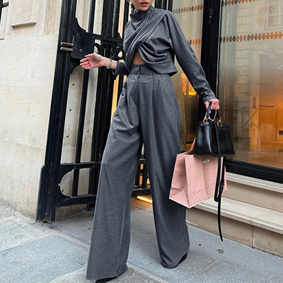 Stylish High-Neck Cross Long-Sleeved Top & Pants Two-Piece Set
