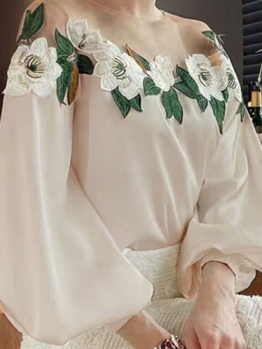 Loose Puff Sleeves Flower-Embellished Flower Shape See-Through Round-Neck Blouses&Shirts Tops