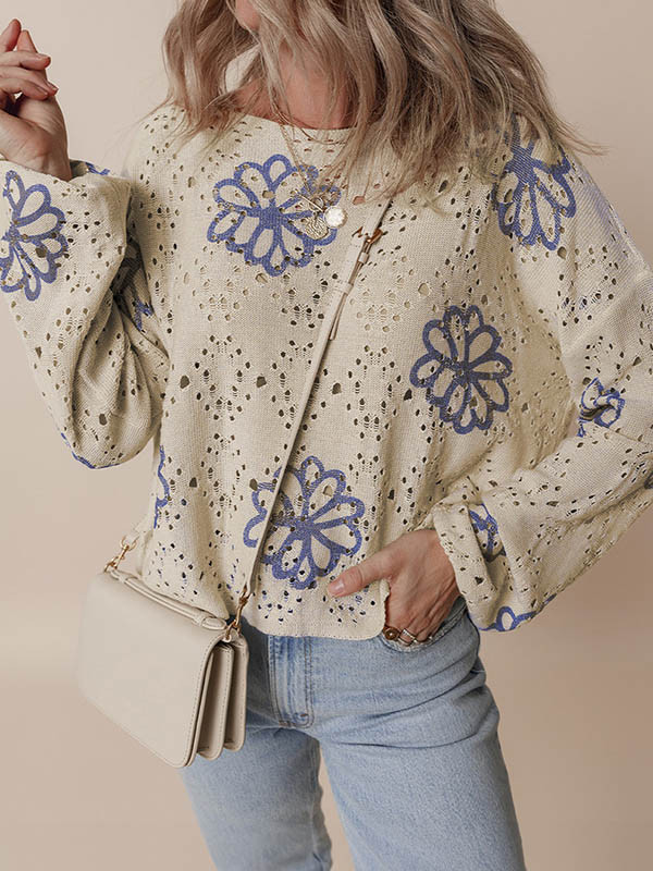 Long Sleeves Loose Flower Print Hollow Round-Neck Pullovers Sweater Tops