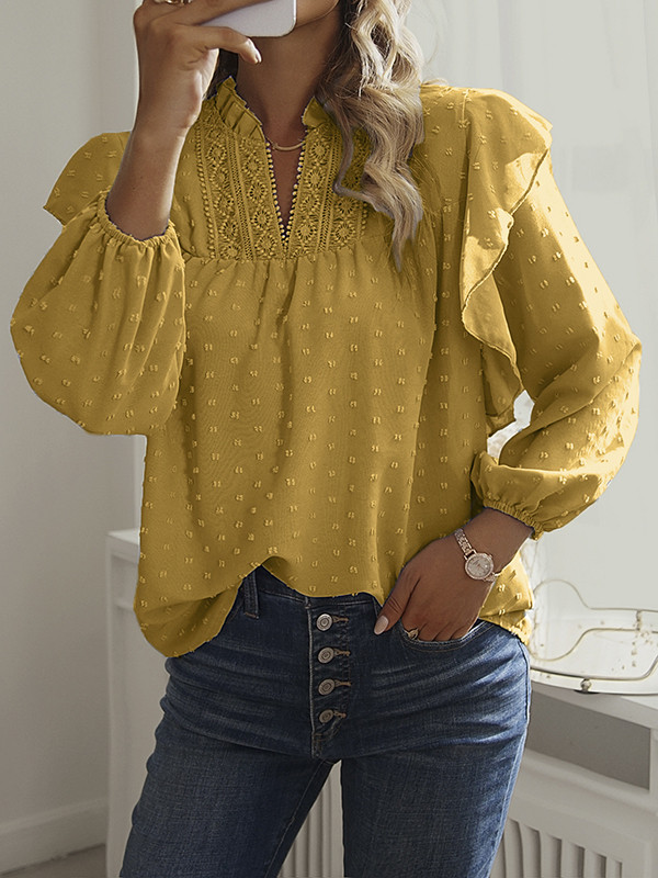 Long Sleeves Loose Elasticity Jacquard Ruffle Trim Solid Color Split-Joint V-Neck Blouses&Shirts Tops