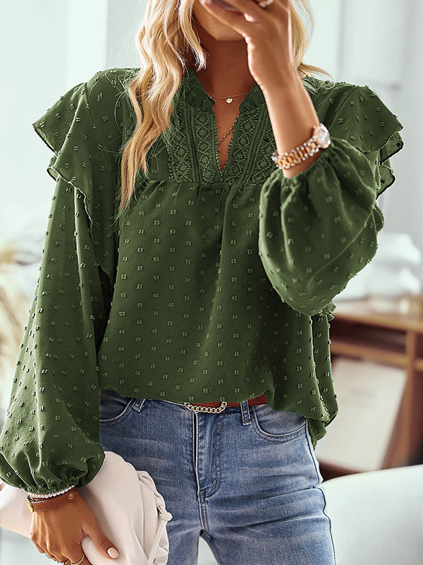 Long Sleeves Loose Elasticity Jacquard Ruffle Trim Solid Color Split-Joint V-Neck Blouses&Shirts Tops