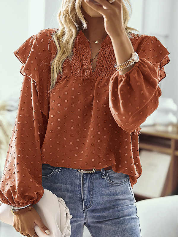 Long Sleeves Loose Elasticity Jacquard Ruffle Trim Solid Color Split-Joint V-Neck Blouses&Shirts Tops
