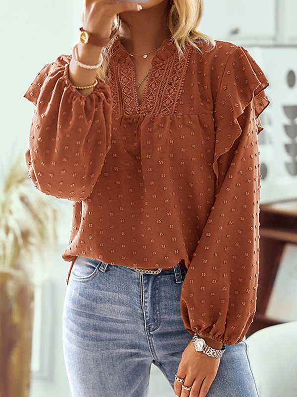 Long Sleeves Loose Elasticity Jacquard Ruffle Trim Solid Color Split-Joint V-Neck Blouses&Shirts Tops