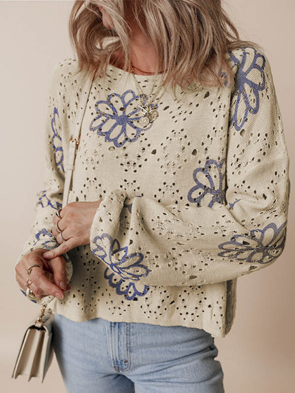 Long Sleeves Loose Flower Print Hollow Round-Neck Pullovers Sweater Tops
