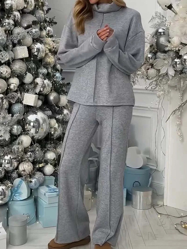 Autumn Winter Solid Color High-Neck Long-Sleeved Top & Trousers Two-Piece Set