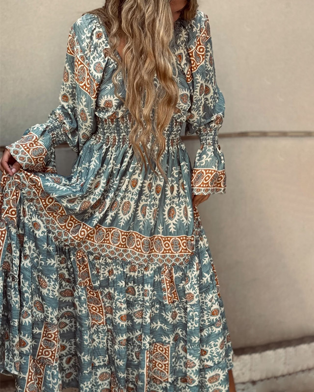 Fashion Bohemian V-neck Printed Dress