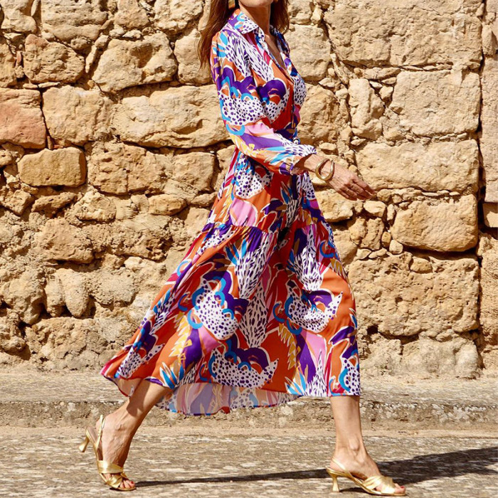 Fashion Print Lapel Long-Sleeved Lace-Up Dress