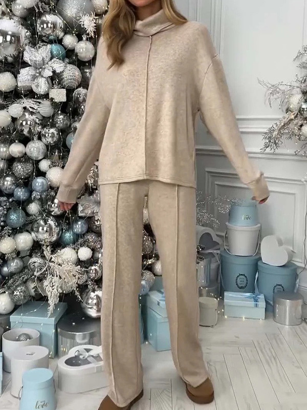 Autumn Winter Solid Color High-Neck Long-Sleeved Top & Trousers Two-Piece Set