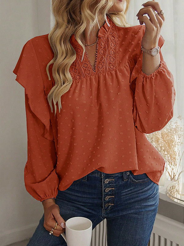 Long Sleeves Loose Elasticity Jacquard Ruffle Trim Solid Color Split-Joint V-Neck Blouses&Shirts Tops