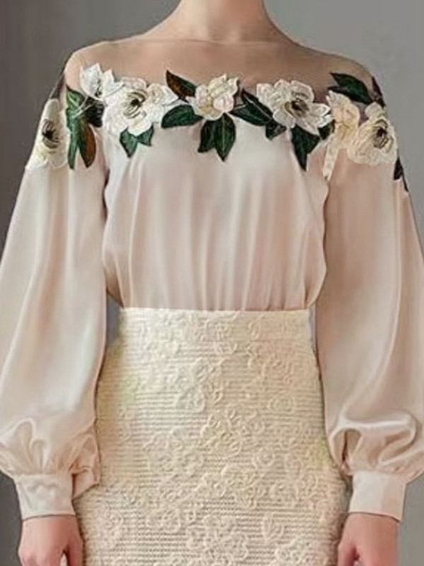 Loose Puff Sleeves Flower-Embellished Flower Shape See-Through Round-Neck Blouses&Shirts Tops