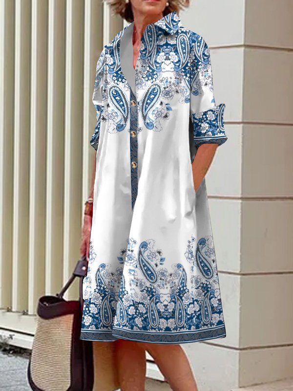 A-line Long Sleeves Buttoned Flower Print Pockets Lapel Midi Dresses