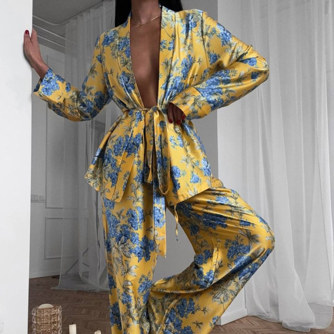 Fashion Print Long Sleeve Lace-Up Top & Pants Two Piece Set