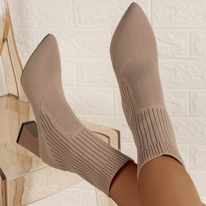 Womens High Heel Chunky Block Chelsea Boots - Comfy Slip-On Breathable Fabric Boots with Elasticized Pointed Toe and Rubber Sole for Comfort - All-Season Wear