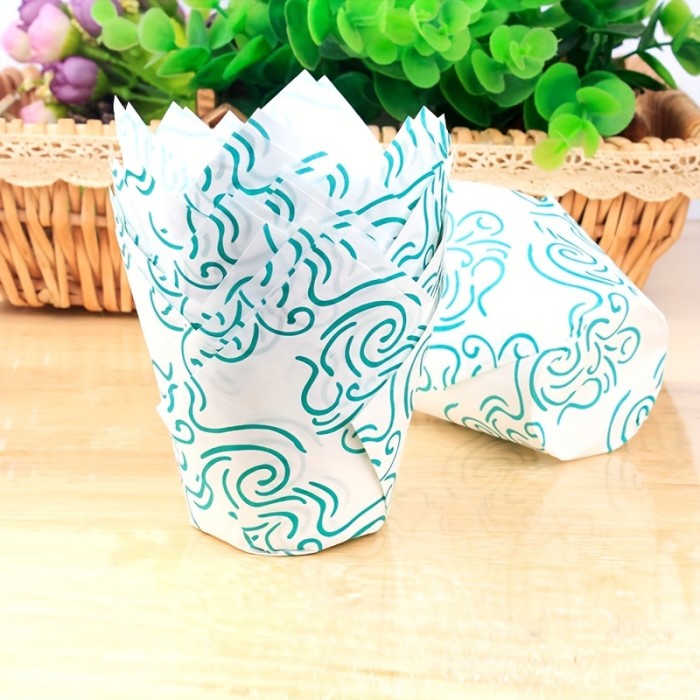50pcs, Disposable Tulip Muffin Cups, Cloud Stripes Newspaper Pattern Paper Cake Cups, Greaseproof Paper Cupcake Liners, Muffin Molds, Baking Tools, Kitchen Gadgets, Kitchen Accessories