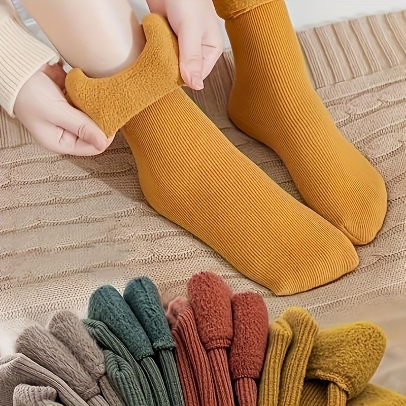 4 Pairs Soft Thermal Snow Socks, Casual & Warm Cozy Fleece Lined Winter Floor Socks, Women's Stockings & Hosiery