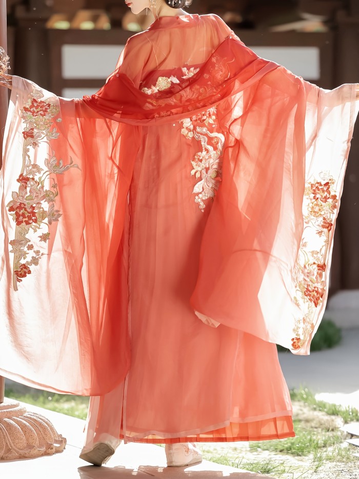 1pc Tang Dynasty Style Hanfu Dress for Women - Floral Embroidery, Long Sleeve, Polyester, Woven, Spring\u002FFall Appropriate, Long Length Gown with Lining