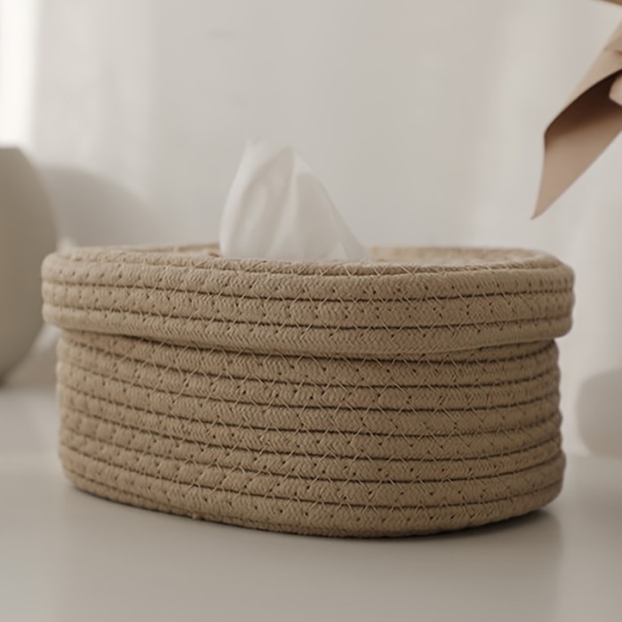 1pc Cotton Rope Woven Tissue Box, Tissue Box Cover, Simple Plain Storage Basket, Multifunctional Tissue Holder, Home Decor, Bathroom Accessories