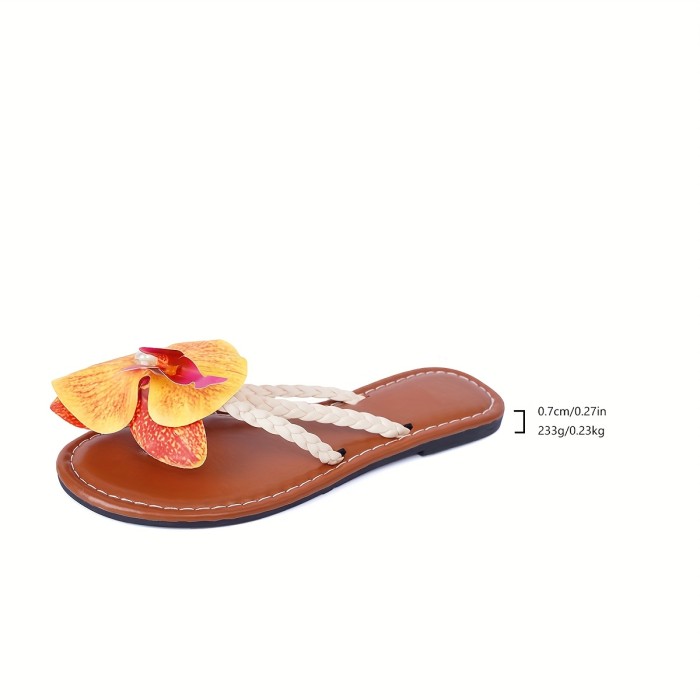 Women's Summer Beach Vacation Slide Sandals - Non-Slip, Braided Strap Flat Thong Shoes with Floral Design, Plus Size Available