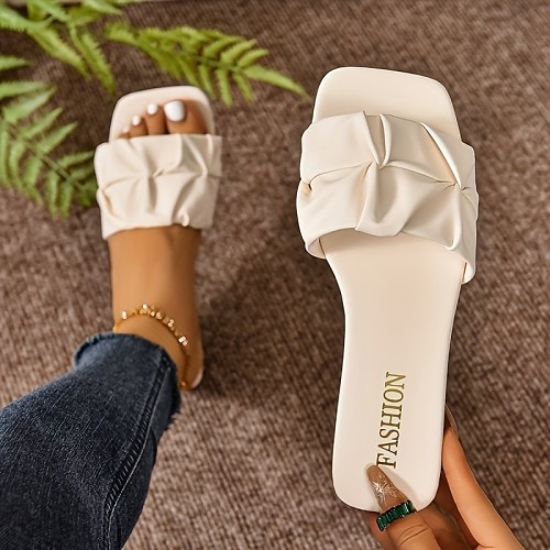 Stylish Pleated Slide Sandals for Women - Comfortable, Lightweight, Casual Square Open Toe Flat Shoes with Breathable Design for Summer - Easy Slip-On Style