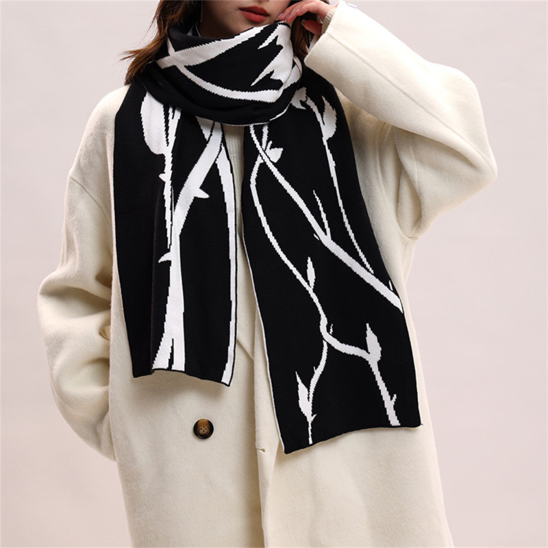 Cozy Rose Thorn Print Knit Scarf for Women - Warm, Elastic Shawl for Winter & Cold Weather