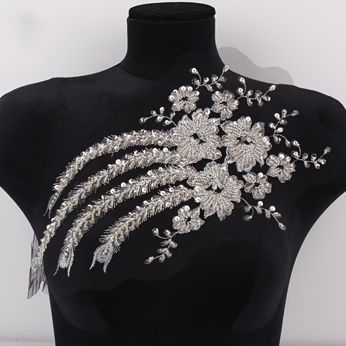 1pc Embroidered Sequin Beaded Collar Trim, 3D Flower Embroidery, DIY Wedding Dress Accessories, Available in White, Black, Golden Colors