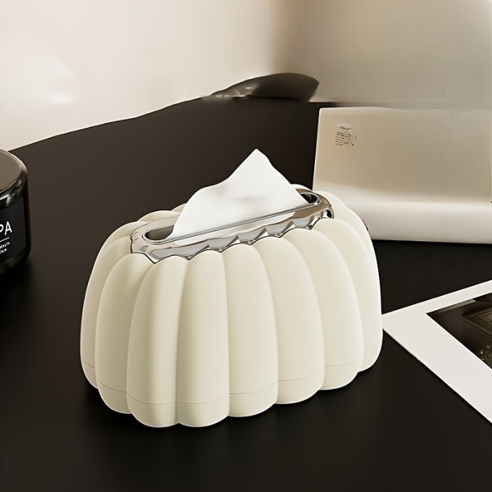 1pc Pumpkin-Shaped Tissue Box Holder, Plastic Square Paper Storage with Flocking Design, Elegant Home Office Decor, Luxurious Living Room Accessory, Decorative Desktop and Car Tissue Dispenser