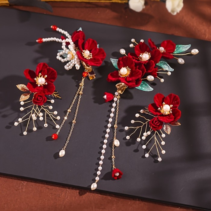 Traditional Chinese Red Flower Hair Clip Set, Hanfu Bridal Headpiec, Vintage Style, Simple Versatile Festive Floral Hair Accessory Set