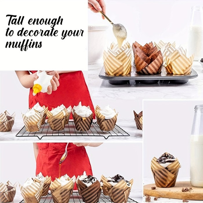 50pcs, Disposable Tulip Muffin Cups, Cloud Stripes Newspaper Pattern Paper Cake Cups, Greaseproof Paper Cupcake Liners, Muffin Molds, Baking Tools, Kitchen Gadgets, Kitchen Accessories