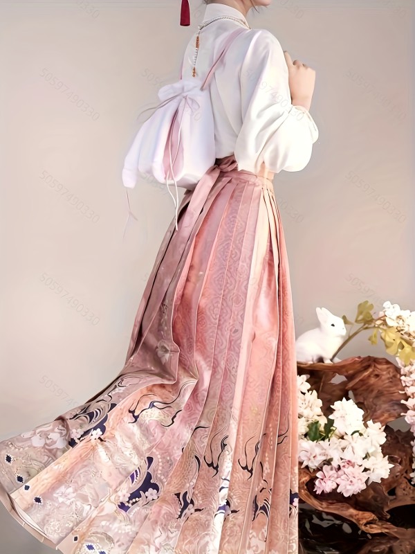 Pink Floral Hanfu Dress with Long Sleeves - Traditional Chinese Style, Polyester, Non-Stretch Fabric for All Seasons