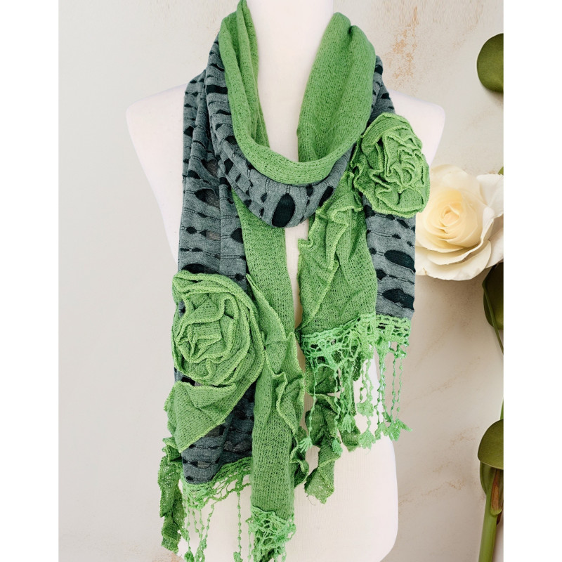 Handcrafted Knit and Cutwork Scarf with 3D Floral Embellishments and Lace Tassel Trim